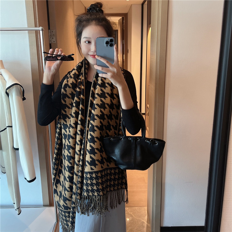 2022 New Core-Spun Yarn Scarf Women's Double-Sided Houndstooth Thickened Warm Scarf Student Tassel Shawl Air-Conditioned Room