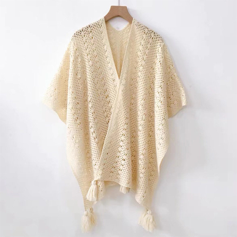 复古名族风镂空针织披肩纯色斗篷百搭流苏遇难旅游度假外搭开衫女