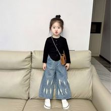 女宝宝春装洋气套装儿童秋天穿搭韩版女童打底衫牛仔阔腿裤两件套