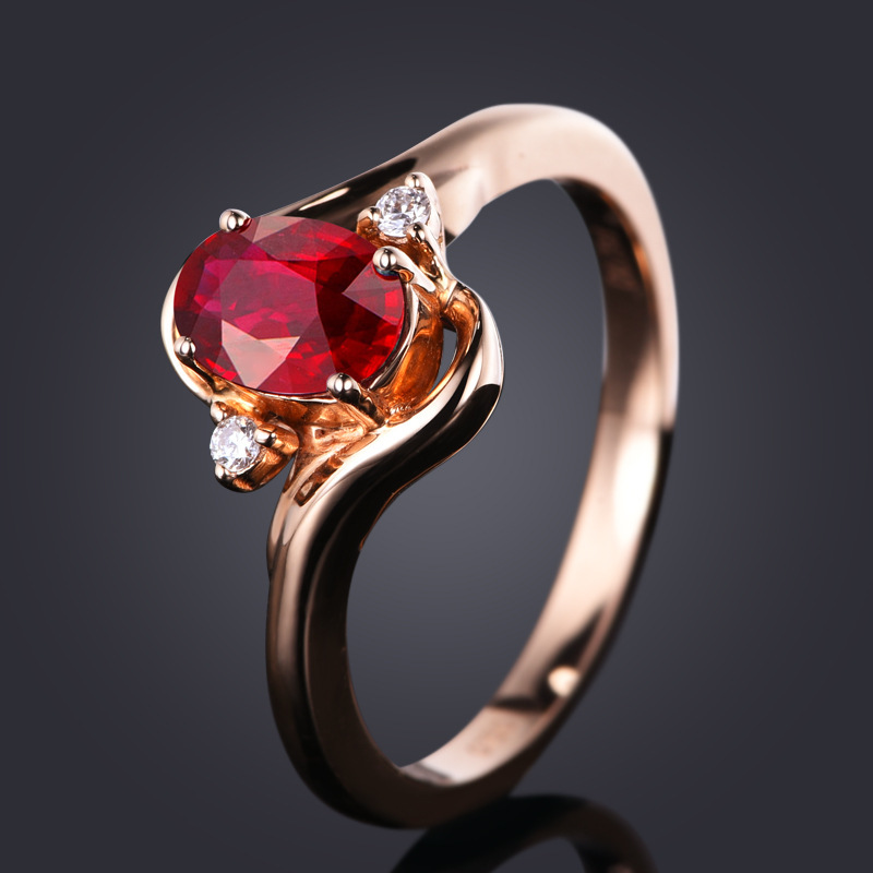 镶嵌鸽蛋血红红宝石戒指女简约彩色宝石镀18k玫瑰金金钻石正品