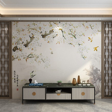 中式壁布电视背景墙卧室客厅沙发书房茶室花鸟3D立体墙纸无缝壁画