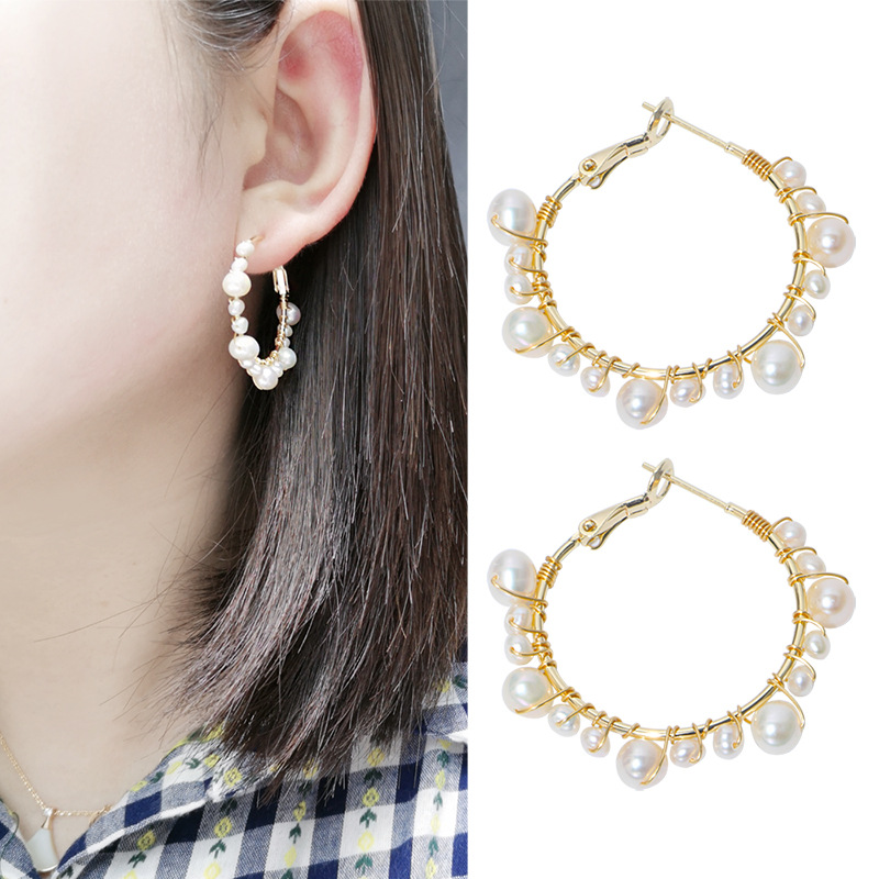 淡水圈耳环14k注时尚耳针绕线欧美新款手工金耳时尚珍珠银耳s925