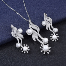 时尚新款铜镶锆石珍珠925银针耳环吊坠项链两件套珍珠耳环项链