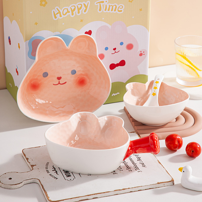 Cartoon Cute Girl Heart Ceramic Set Children's Rice Bowl Student Tableware 4-Piece Set Gift