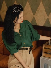 1029春装温柔高级感法式小众设计感独特别致短袖绿色衬衫套装