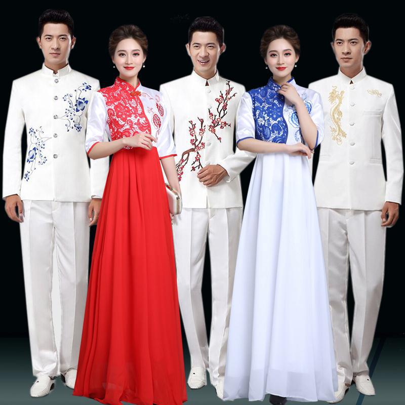 合唱团服装男女民族大合唱演出服中老年红歌比赛女长裙主持礼服