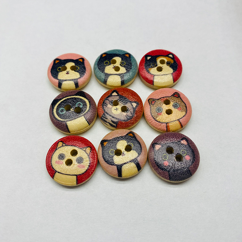 15mm原木色底圆形两眼木质纽扣可爱卡通猫咪木头扣子创意宝宝衣扣