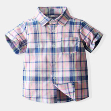 儿童衬衫夏季新款跨境外贸童装欧美男童短袖棉格子粉色翻领衬衣