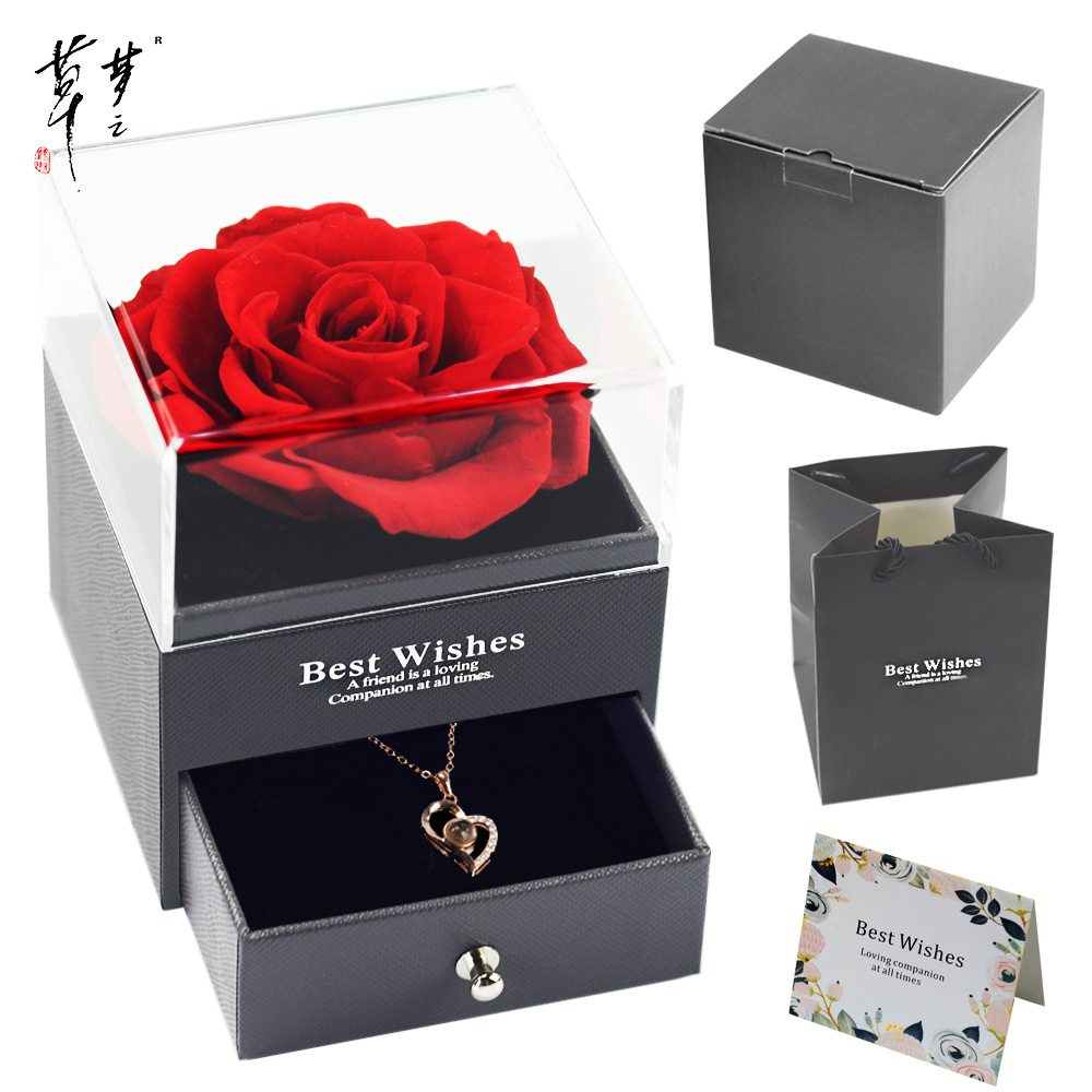 永生花首饰盒 项链真玫瑰亚克力抽屉礼盒圣诞情人节礼物跨境货源