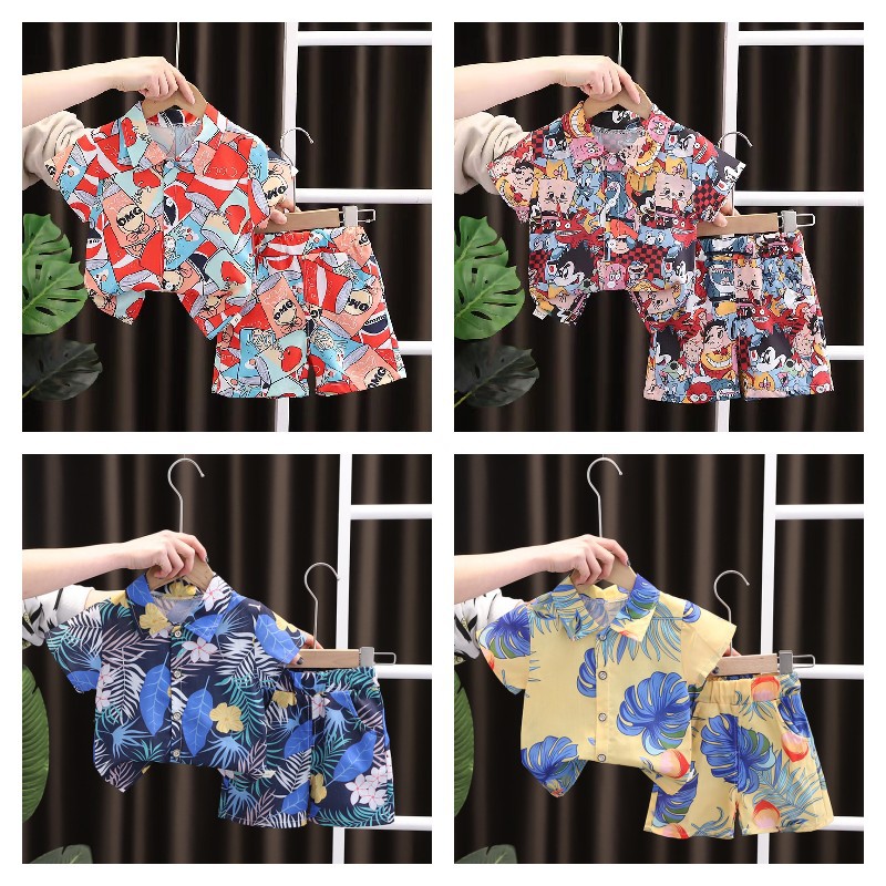 Summer Boys' Short-Sleeved Shorts Suit Printed Handsome Collar Shirt Fashionable Two-Piece for Boys Clothes