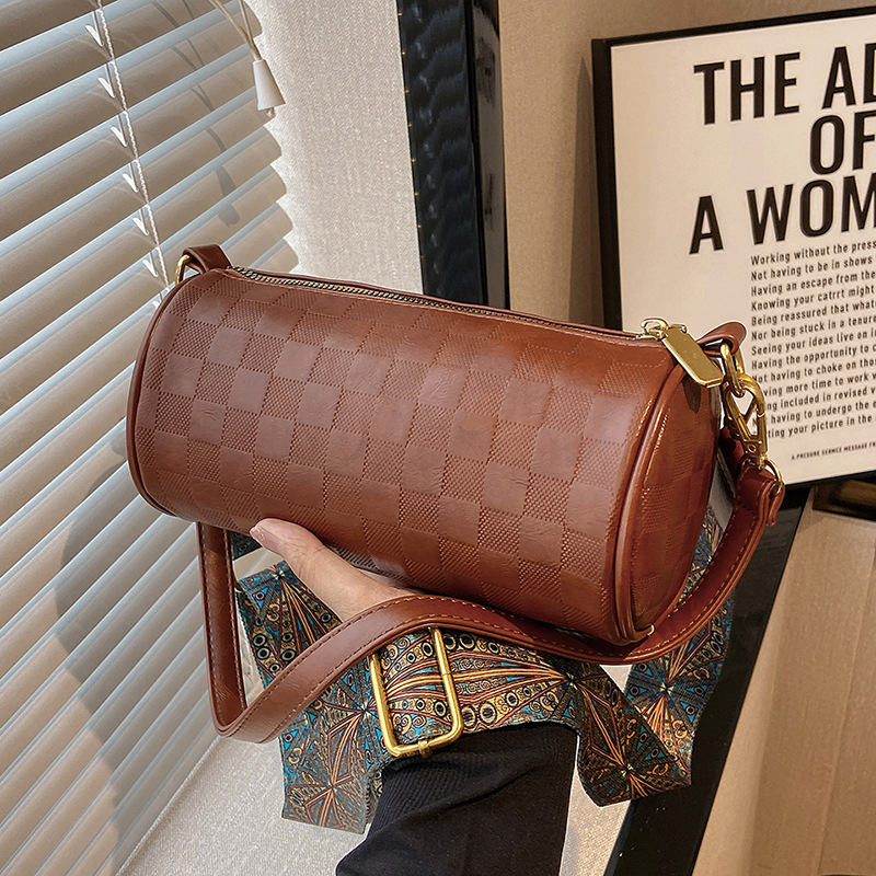 New Retro round Bag Women's Messenger Bag Special-Interest Design Retro Plaid Shoulder Texture round Bag