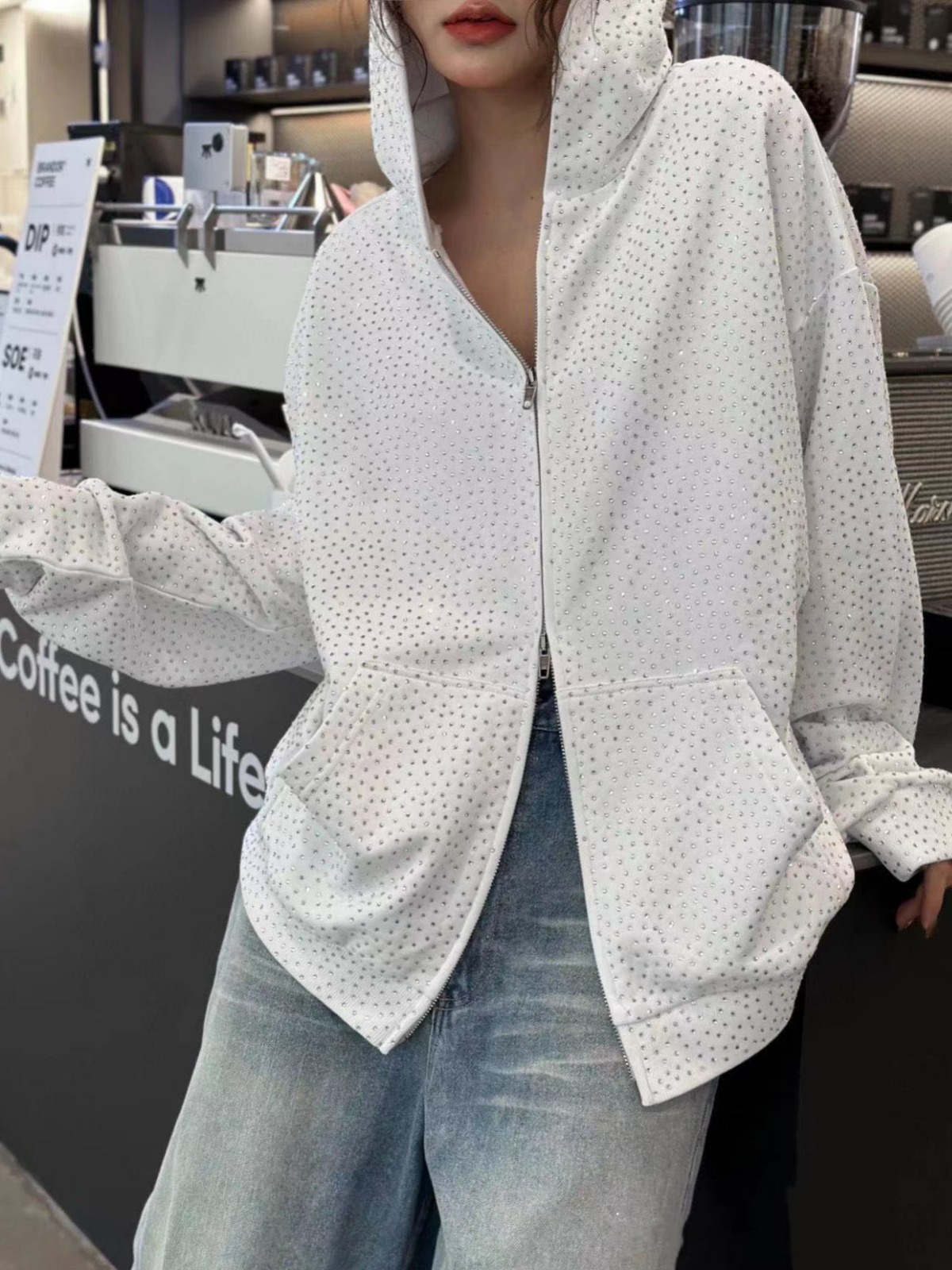 2023新款巴黎风潮牌满天星烫钻连帽外套宽松洗水做旧拉链情侣卫衣