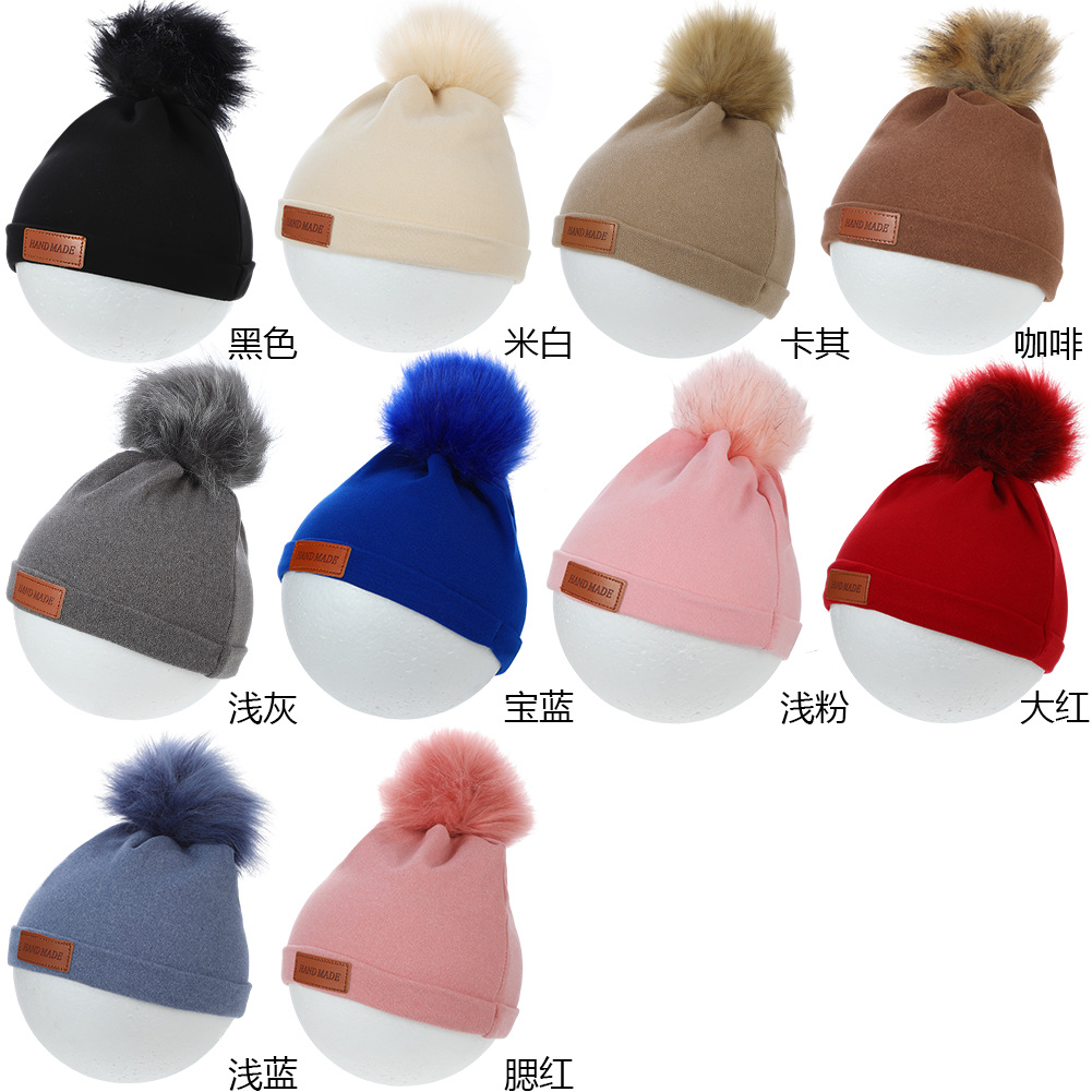 Cross-Border New Arrival Labeling Children Sleeve Cap Autumn and Winter Imitation Cashmere Baby Big Fur Ball Headgear Protection Baby Warm Beanie