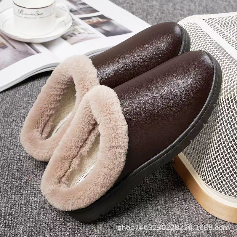 Factory Customized Winter Leather Slippers Waterproof Non-Slip Warm Home Cotton Slippers