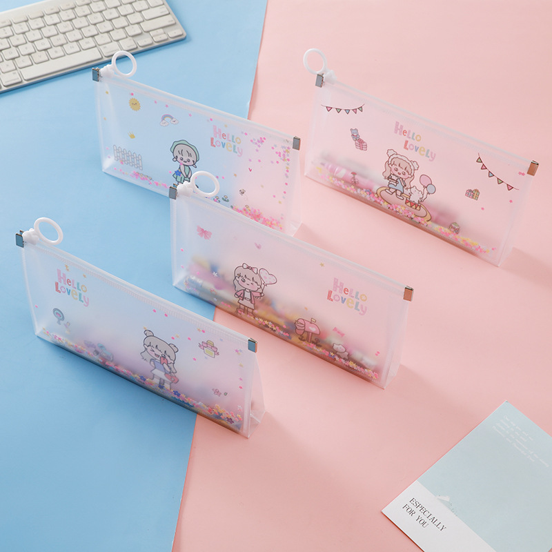 Spot Pp Quicksand Pencil Case Sequins Student Cartoon B6 File Bag Transparent Edge Sliding Bag Stationery Storage Bag Wholesale