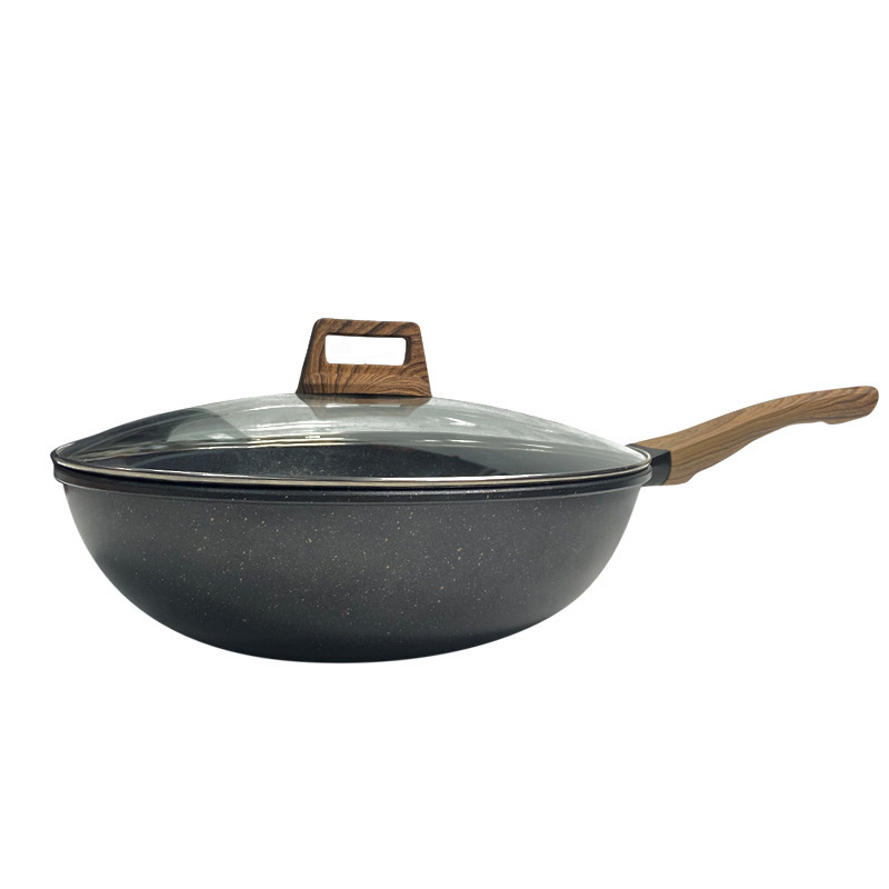 龙滋味麦饭石炒锅家用无烟不粘锅铁锅厂家批发彩盒装礼品锅套装锅