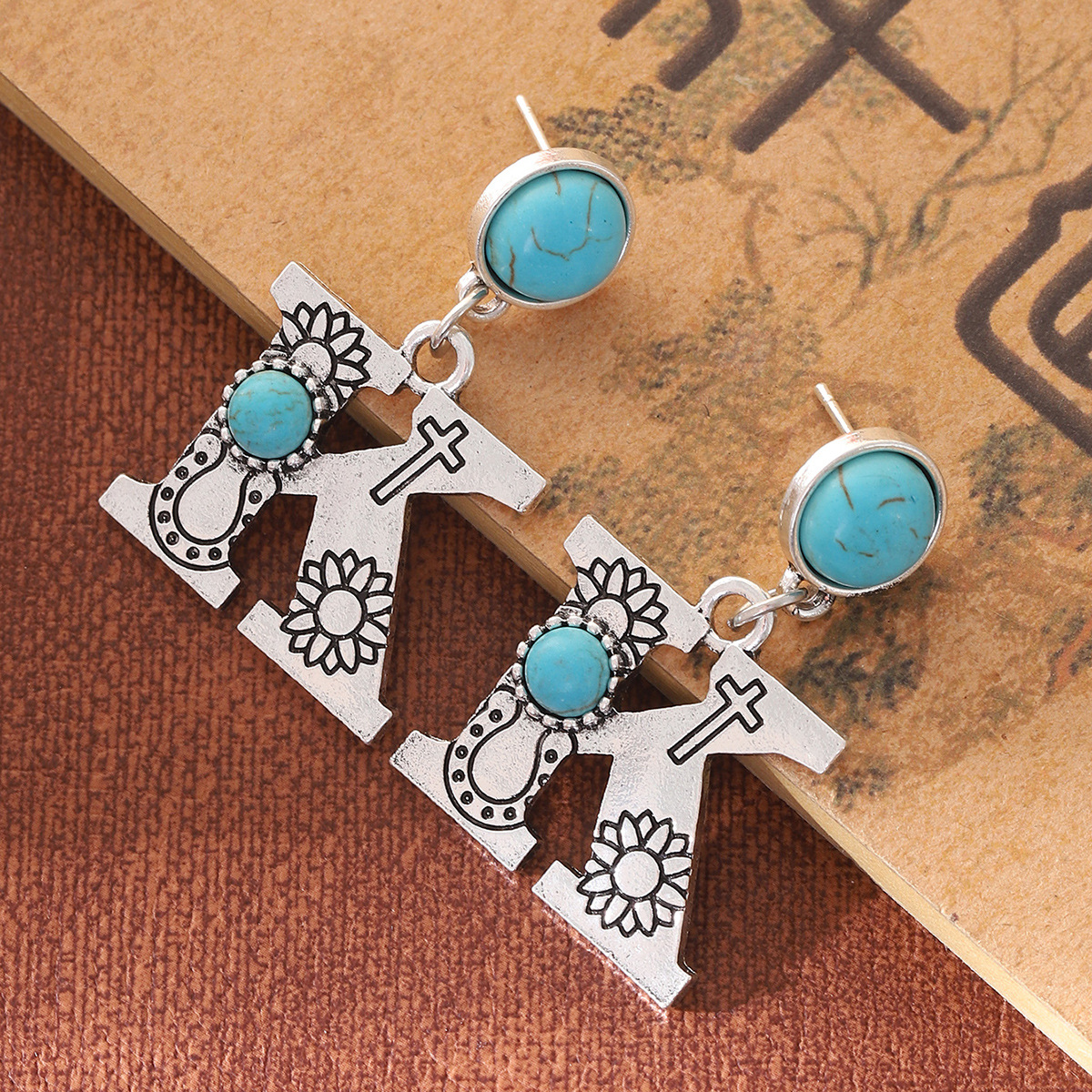 Western Denim Style Sunflower Cactus Zinc Alloy Natural Turquoise Earrings Ear Studs English Letters Cross-Border
