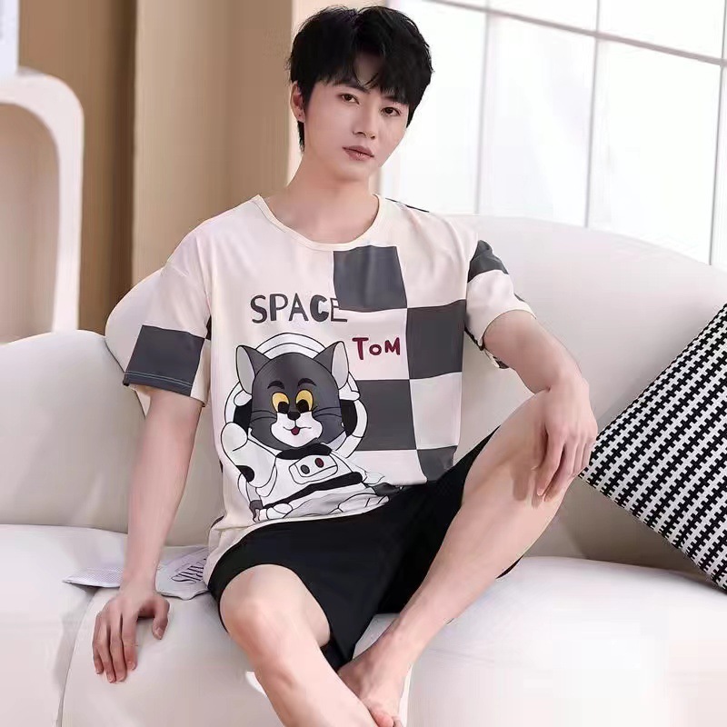 Men's Pajamas Summer Short-Sleeved Shirt and Shorts Thin Suit Teenagers plus Size Loose Version Can Be Worn outside Student Homewear