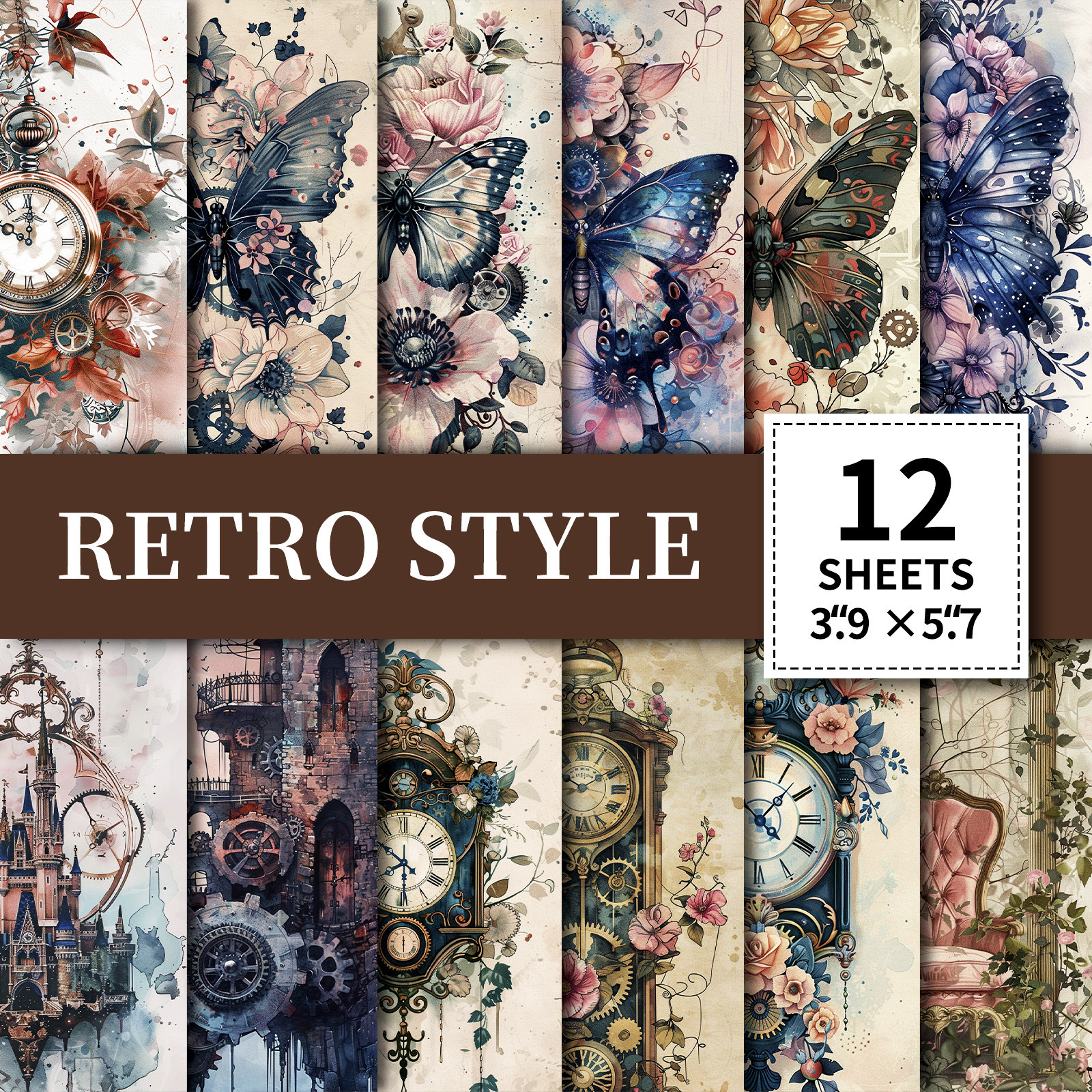 12张/包新品复古文艺手帐素材纸大笨钟蝴蝶主题不重复留言打底纸