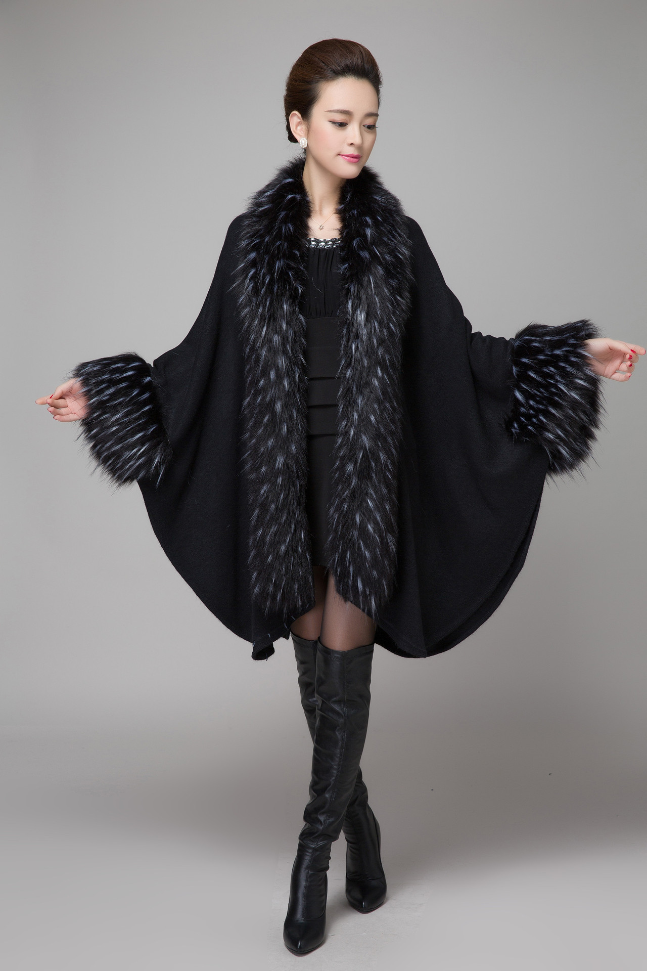 321#欧美秋冬女装仿鸵鸟毛披肩斗篷针织皮草披肩大码开衫外套