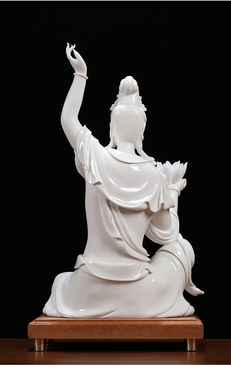 陶瓷莲花自在观音佛像摆件 禅意观世音菩萨像家居玄关供奉工艺品