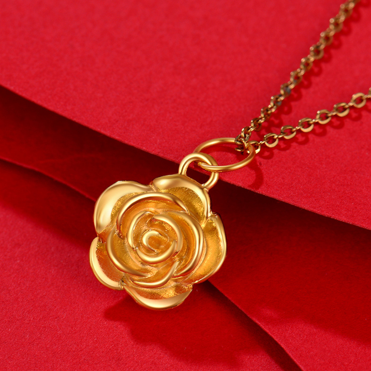 黄金吊坠女款足金玫瑰花挂坠999纯金花朵项坠锁骨链时尚女神礼物