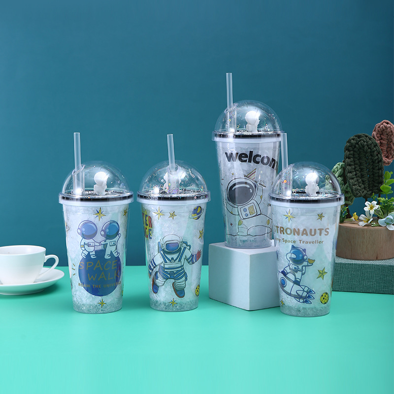 New Outer Space Astronauts Straw Crushed Ice Cup Summer Cartoon Double-Layer Plastic Cup Portable Gift Cup Wholesale