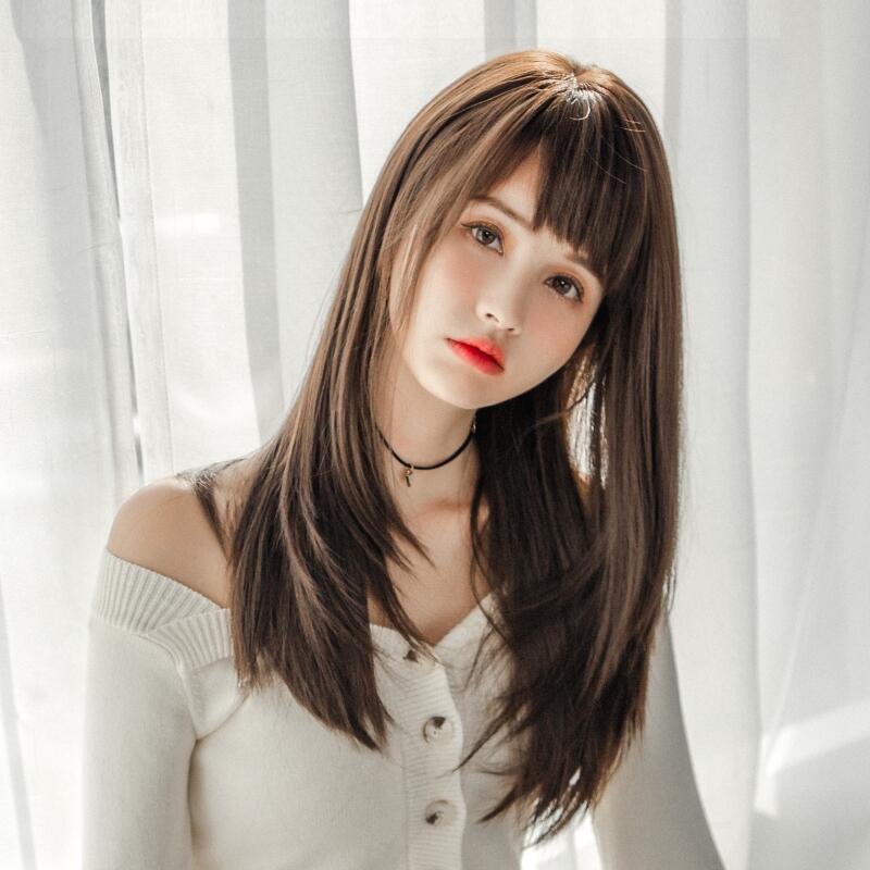 跨境新款斜刘海假发女中长发圆脸网红修脸长直发全头套式现货批发