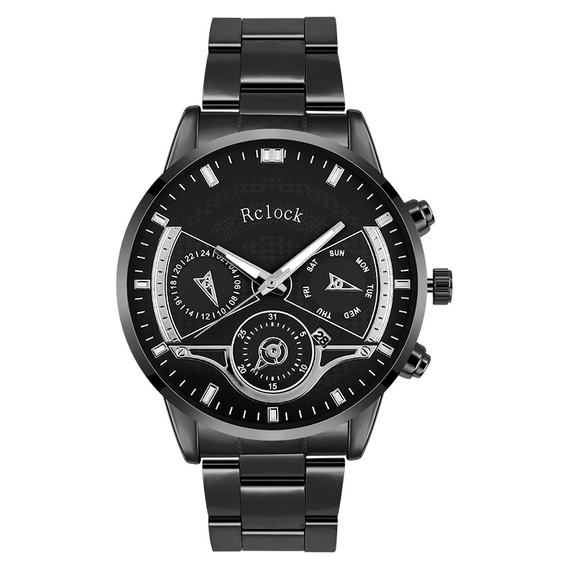 跨境外贸爆款时尚商务假三眼日历男士手表rclock彩面钢带石英表男
