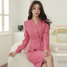 外贸女装新款两件套2023秋季韩版修身外套上衣时尚收腰职业包臀裙