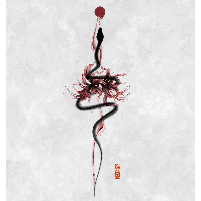 水墨向日蛇 逼真防水纹身贴持久彼岸花图案 男女使用花臂大腿刺青