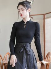配马面裙的T恤长袖黑色修身上衣日常上班可穿春季新中式国风套装