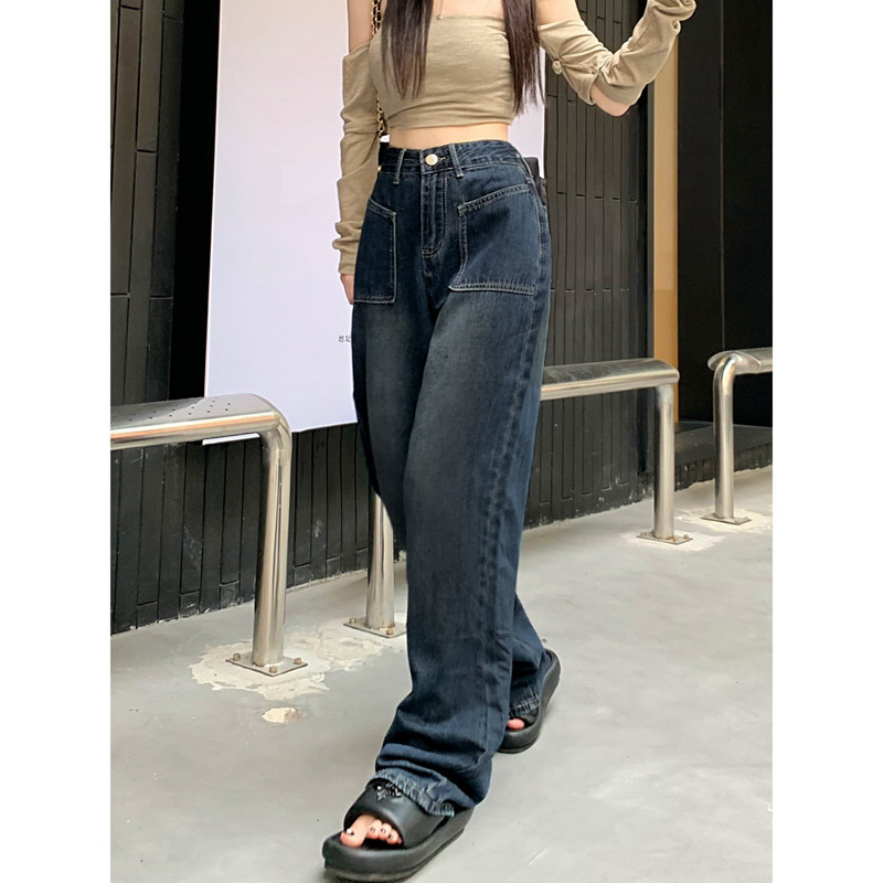   Retro High Waist Slimming Jeans Women's Autumn and Winter New European and American Straight-eg Pants Wide eg Mop Pants High Street Vibe Pants