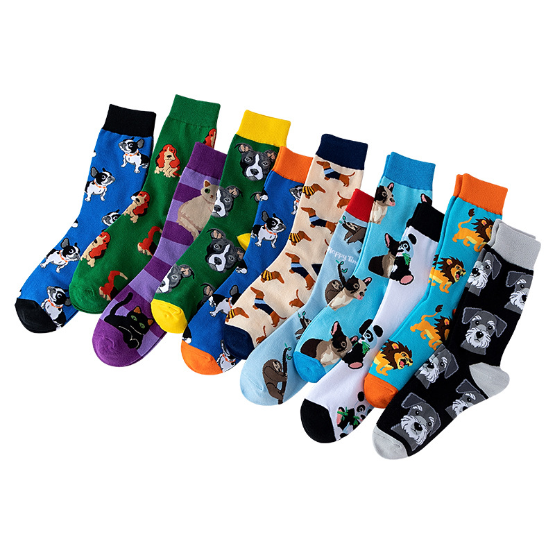 Men's Casual Stockings European and American Street Style All-Match Athletic Socks Cute Cartoon Pet Pattern Cross-Border Supply