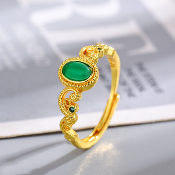 新款高品质花丝镀黄金色镶嵌马来玉戒指女士开口古法轻奢小众精工