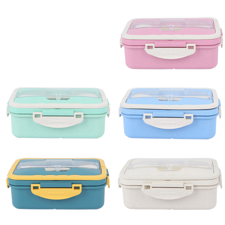 Wheat Straw Lunch Box Japanese Student Portable Lunch Box Compartment with Spoon Chopsticks Insulation Lunch Box