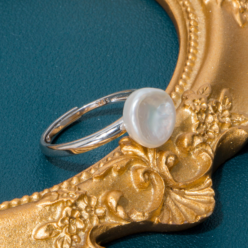 简约巴洛克淡水珍珠元宝戒指新潮创意女式可调节食指戒925银