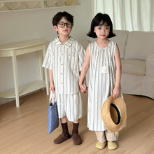童套装2024夏款男童女童韩版短袖短裤两件套儿童竖条纹森系背心裙