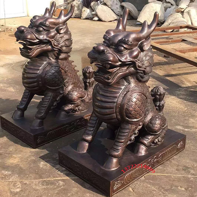 纯铜麒麟摆件特大号一对家居中式玄关镇宅办公室招财摆设开业乔迁