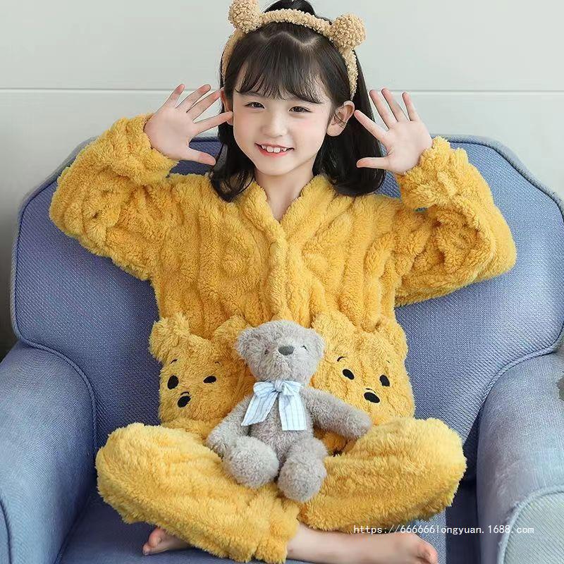 儿童法兰绒睡衣冬季女童珊瑚绒保暖中大童秋冬家居服套装批发暖宝