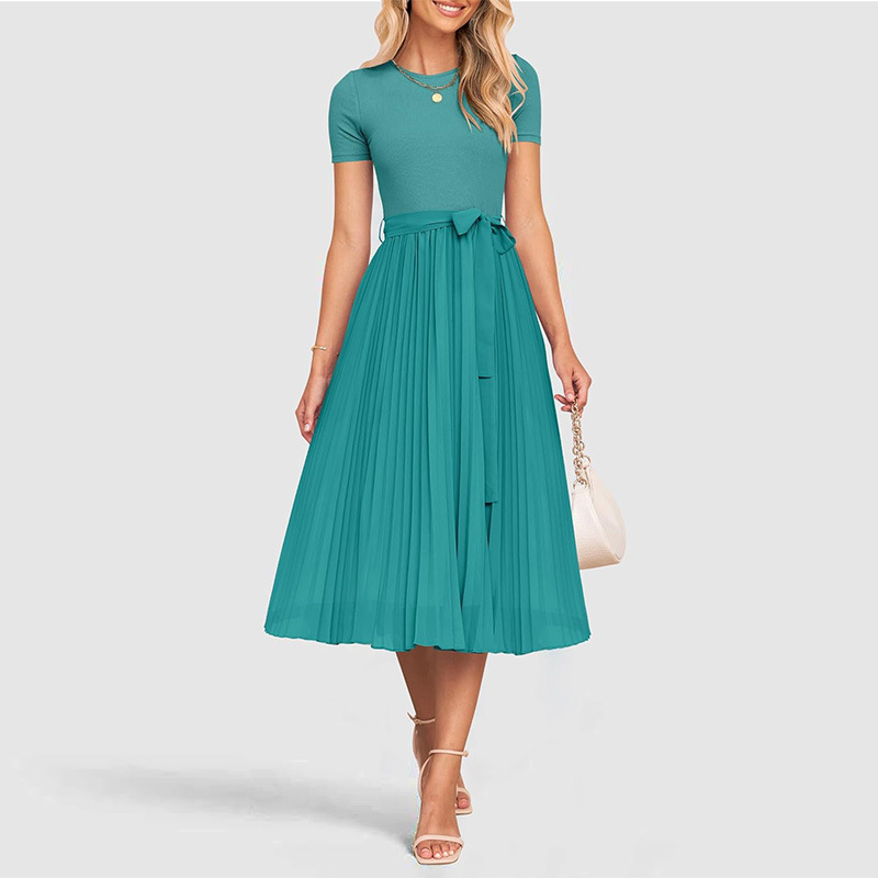 亚马逊 wish ebay欧美新款连衣裙短袖百褶拼接收腰系带雪纺大摆裙