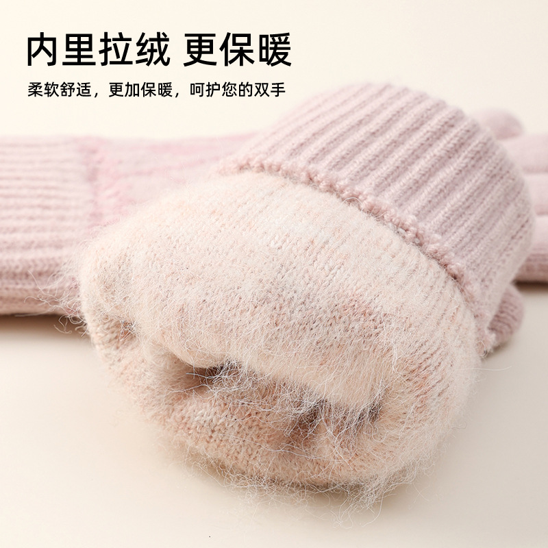 Cross-Border Women's Gloves plus Size Winter Knitting Wool Touch Screen Thermal Extra Thick with Fleece Double-Layer Five-Finger Gloves Wholesale