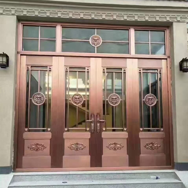 自建房铜门售楼处酒店中式装饰四开地弹簧玻璃不锈钢仿铜门大门