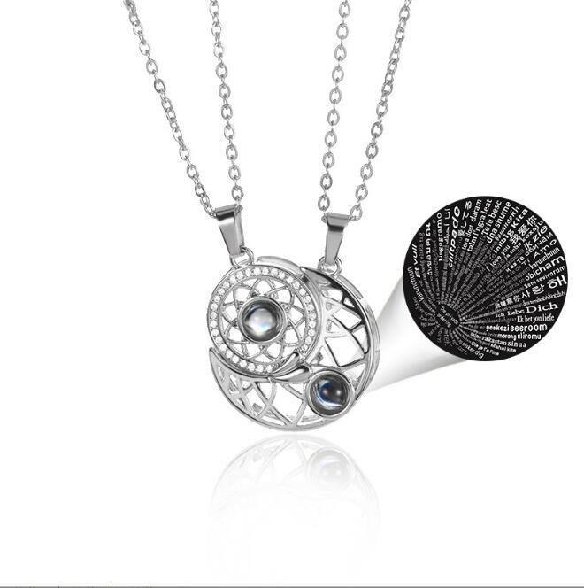 Sun Moon Star Projection Necklace 100 Languages I Love You Magnet Suction Heart-Shaped Necklace Couple Necklace Pair
