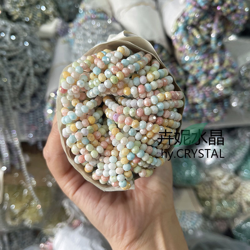 4MM水晶扁圆珠水染混彩瓷珠瓷花珠水晶DIY手链项链耳环发饰服配件