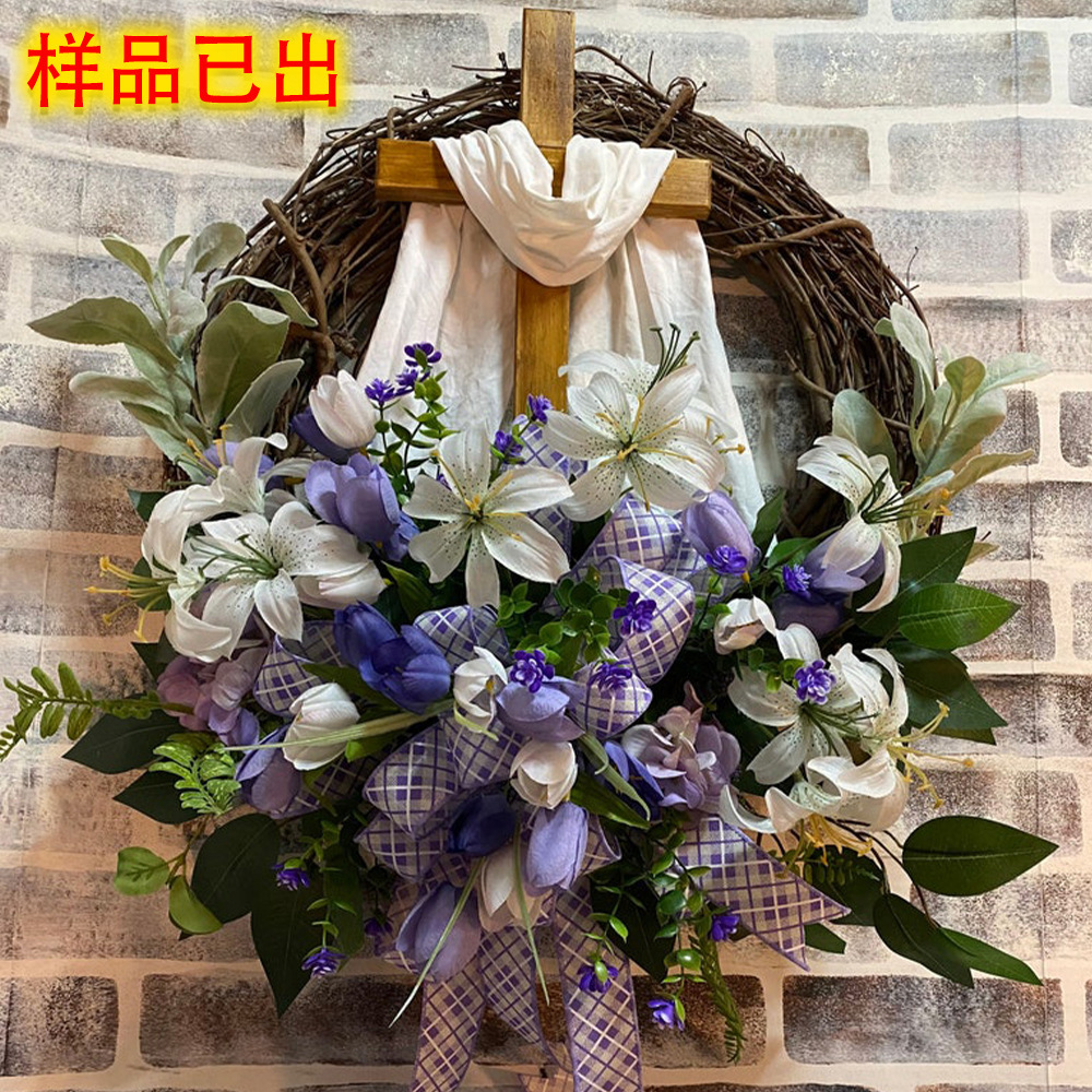 New Cross Wreath Easter Wreath Spring Wreath Cross Front Door Wreath Door Hanging Decoration Wholesale