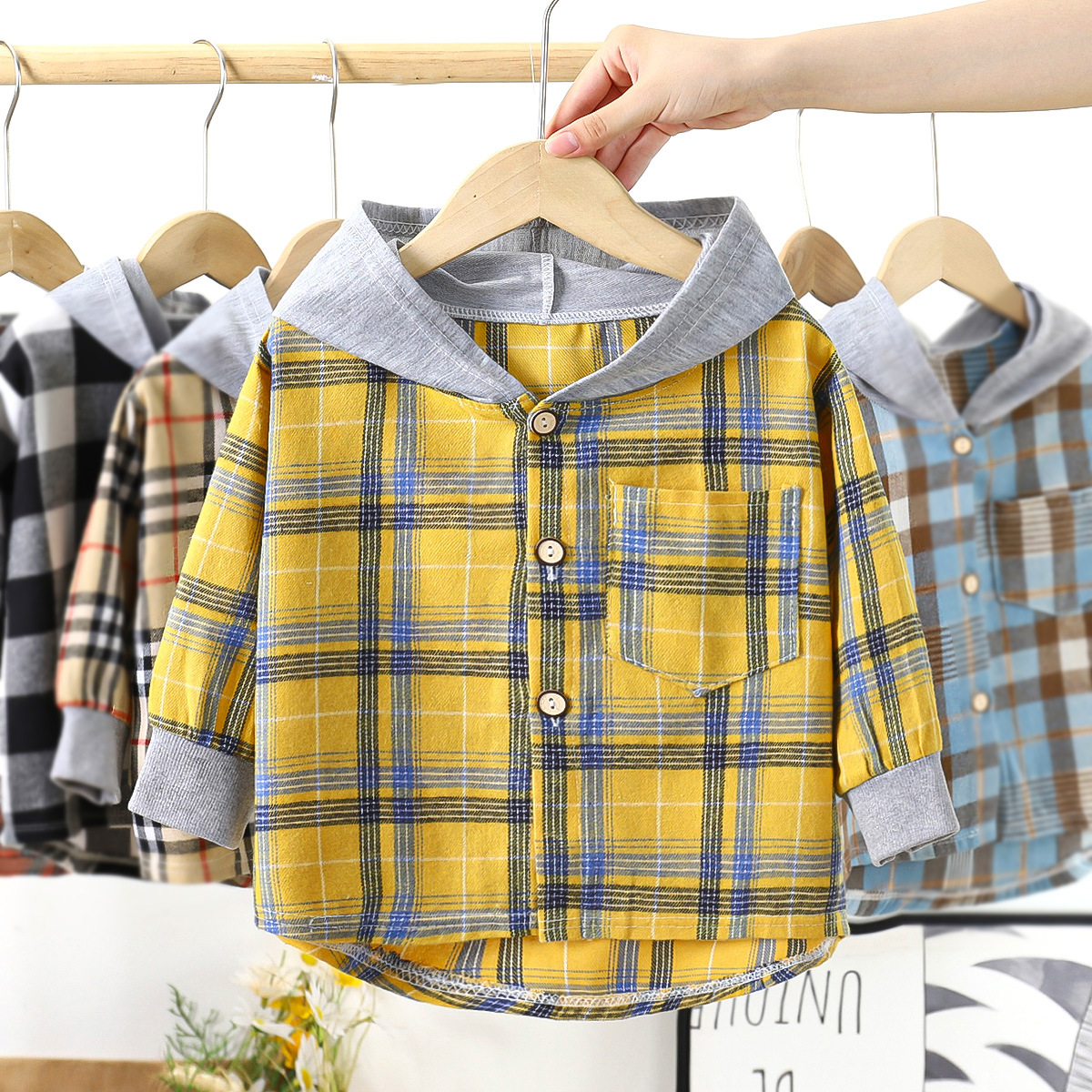 Children's Spring Autumn Blouse Children's Clothing Boy Hooded Plaid Shirt Baby Girl Long Sleeve Plaid Bottoming Outer