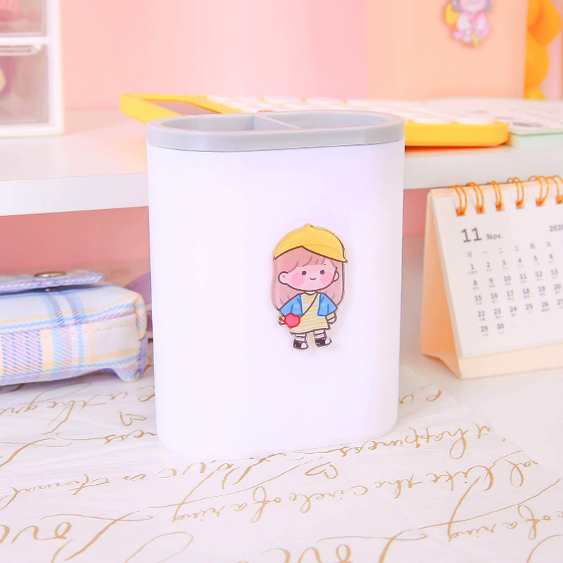 Color Matching Grid Cartoon Pen Holder Student Cute Stationery Finishing Storage Bucket Creative Makeup Brush Storage Box