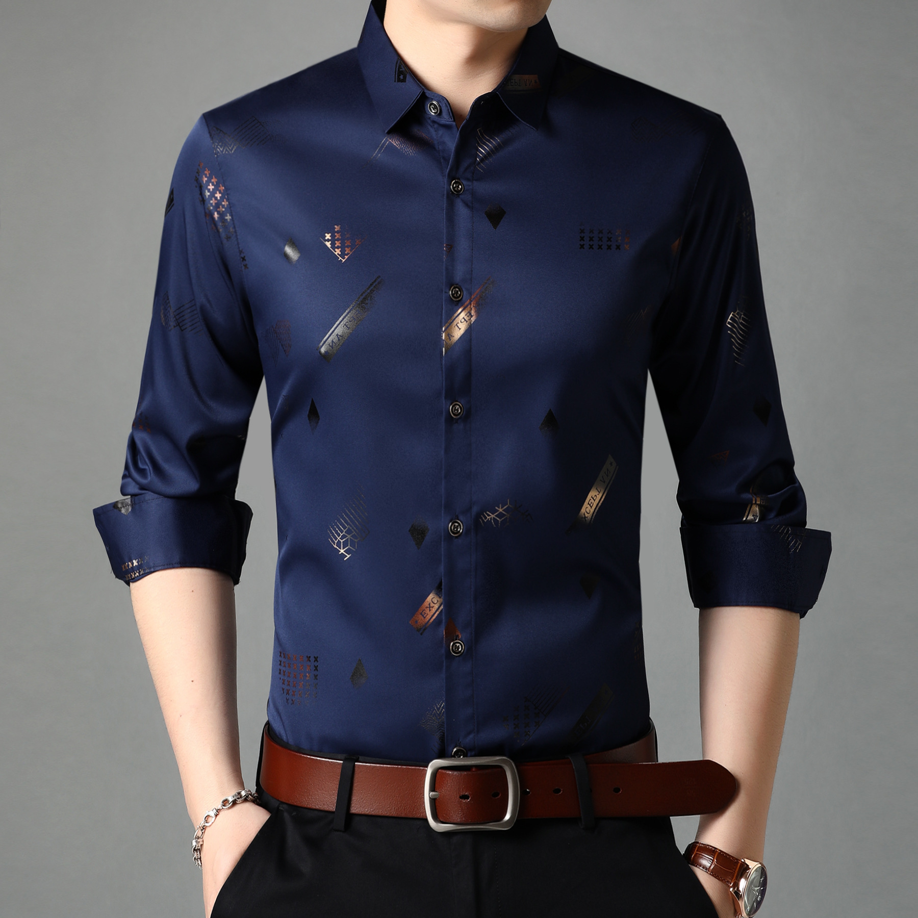 2021新款中年男士花衬衫长袖秋季爸爸上衣花色休闲衬衣中老年男装