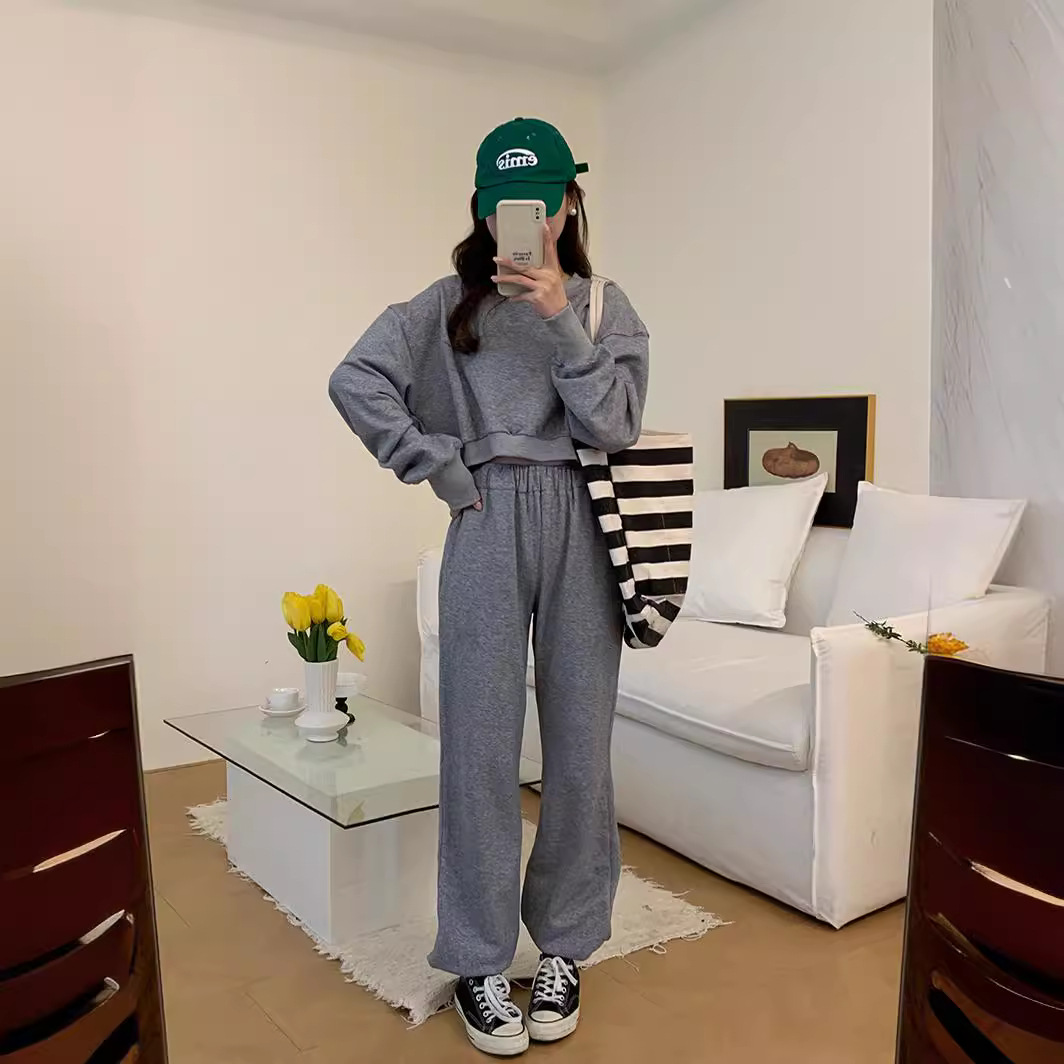 h2332短上衣圆领套头 小脚休闲卫裤长裤子春款灰色运动卫衣套装女